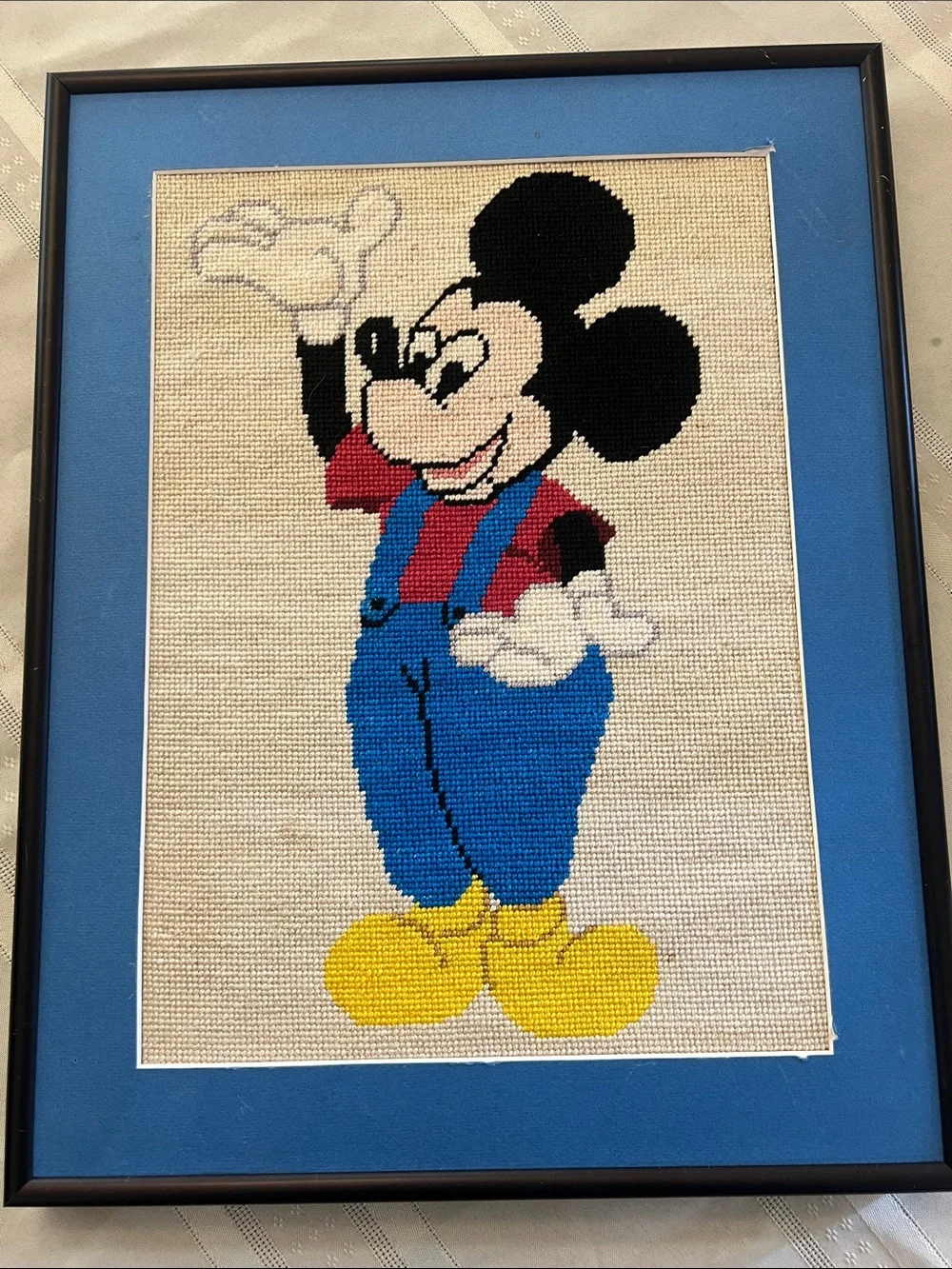 Framed and matted Handmade Cross-Stitch Mickey Mouse Artwork -